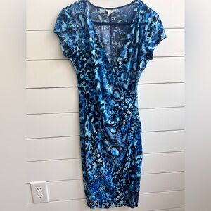 Cache Vintage Blue Black Animal Print Faux Wrap Dress Small
